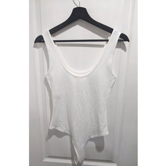 Avec Les Filles | Ribbed Scoop Neck Thong Bodysuit in White - Picture 5 of 10